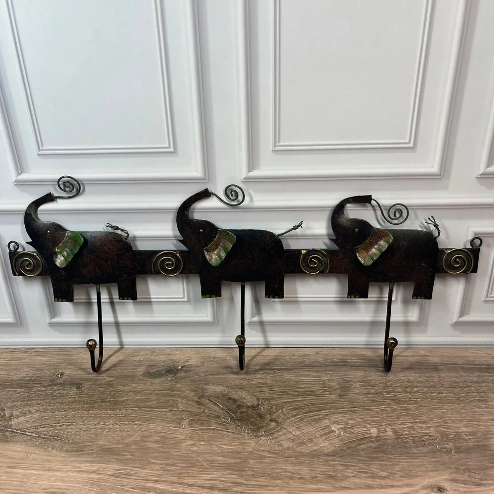 3-Hook Metal Elephant Hanger Home Decor Bronze Green Rustic Safari Indonesia